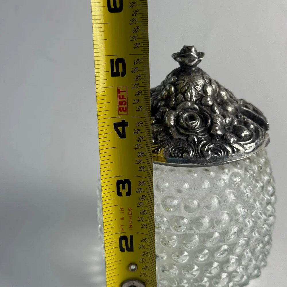 Hobnail Clear Glass Jam Honey Jar Ornate Floral Silver Tone Lid C105 WB 5in